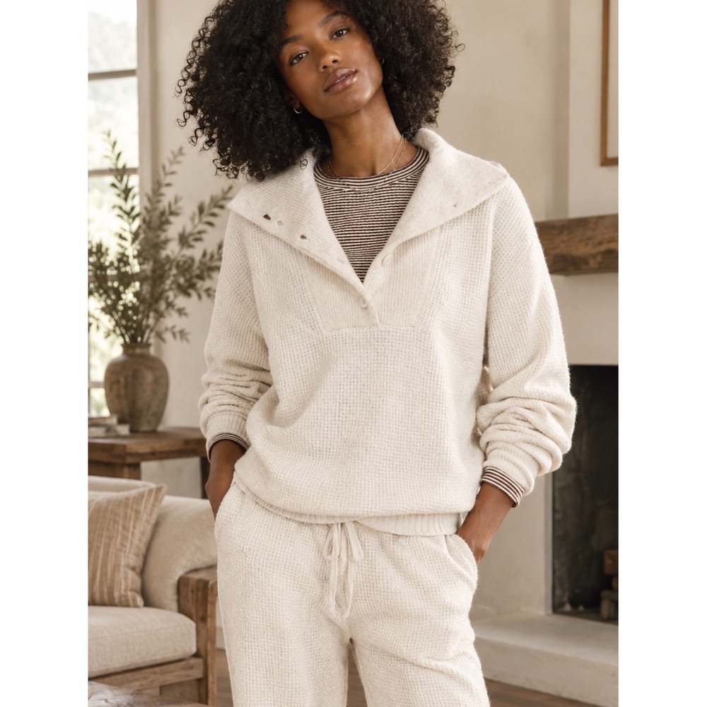 Aerie CozyUp Waffle Button Sweater Large Cream Henley Oversized Ivory Button